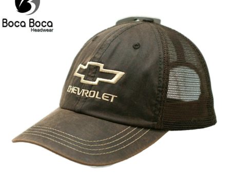 Chevrolet Bow Tie Oil Skin Unstructured Mesh Trucker Style Hat Discount