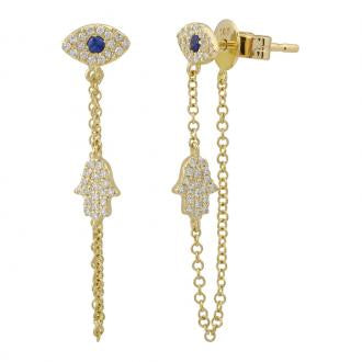 14k Yellow Gold Evil Eye & Hamsa Diamond Earrings Cheap