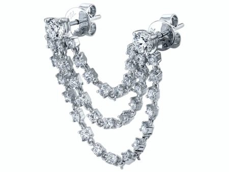 14k White Gold Triple Diamond String Double Connected Earrings Supply