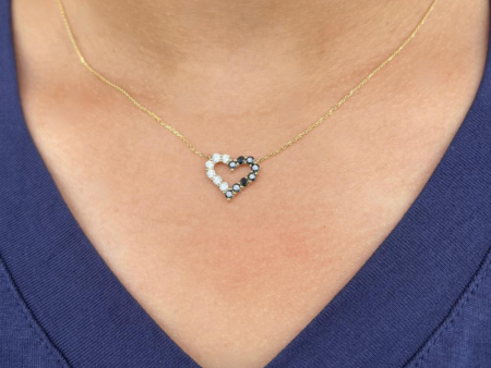 14k Gold Diamond and Black Diamond Heart Necklace For Sale