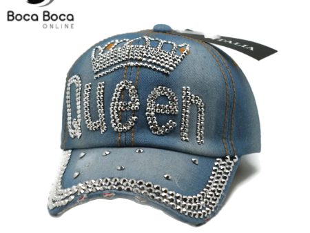 Ladies Blue  Distressed Bill  Washed Denim Cap QUEEN Rhinestones Cheap