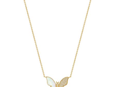 14k Gold Diamond & Mother of Pearl Butterfly Necklace For Cheap