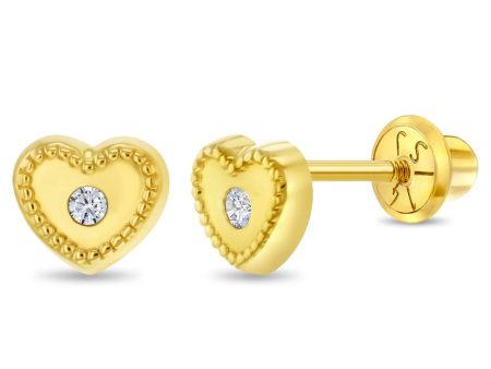 14k Gold Bezel Heart Clear Baby   Toddler   Kids Earrings For Discount