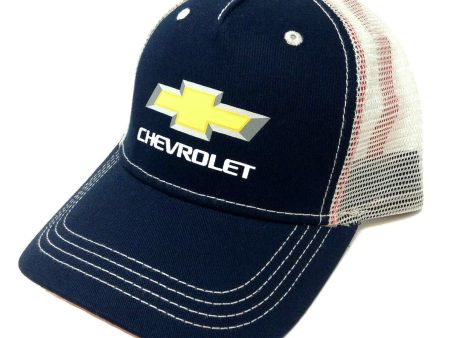 Chevrolet Bow Tie Logo Adjustable Navy Blue & Tan Mesh Back Cap Hat Supply