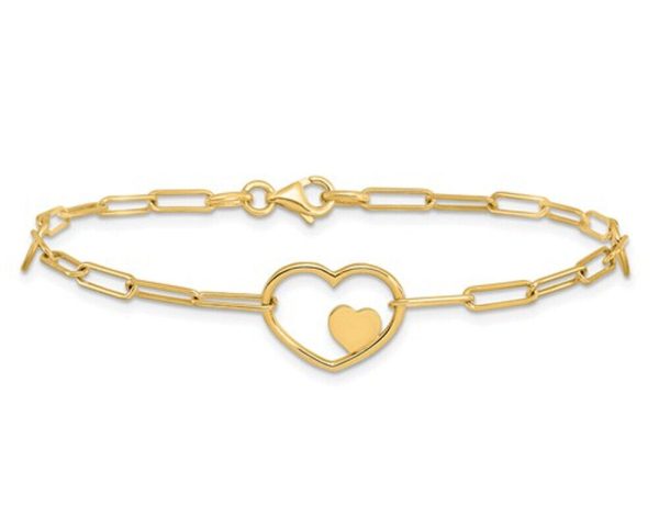 14k Yellow Gold Paperclip Heart Link Bracelet Online