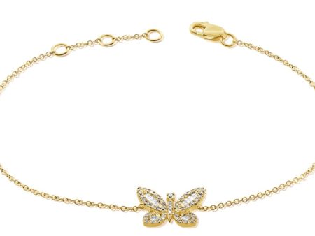 14k Gold Diamond Baguette Butterfly Bracelet For Sale