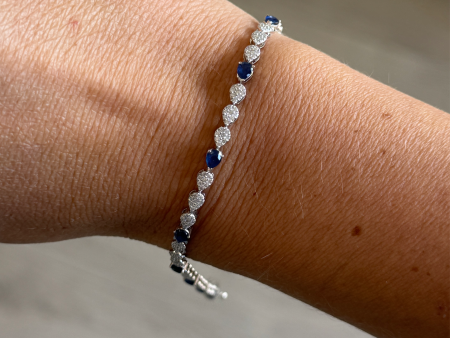 14k White Gold Pear Pave Diamond and Blue Sapphire Tennis Bracelet Sale