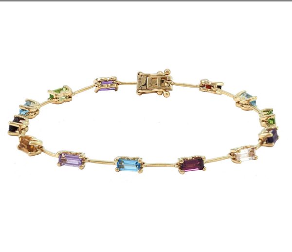 Yellow Gold Fashion Retangular Prong Multi-Gem Bracelet For Cheap