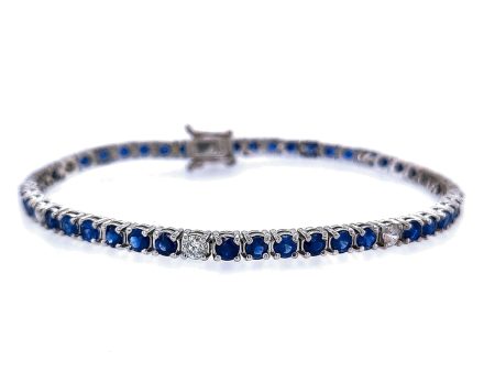 14k White Gold Thin Blue Sapphire and Diamond Tennis Bracelet Online Hot Sale