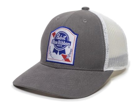 Pabst Blue Ribbon PBR Woven Label Dark Gray & White Mesh Trucker Beer Hat Outdoor Cap For Discount