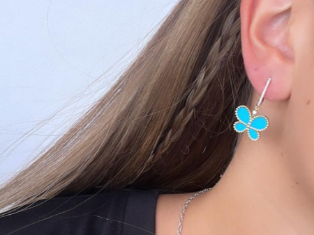 14k Gold Diamond and Turquoise Hanging Butterfly Earrings Online Hot Sale