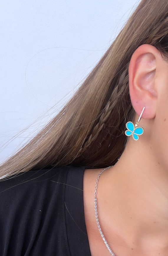 14k Gold Diamond and Turquoise Hanging Butterfly Earrings Online Hot Sale