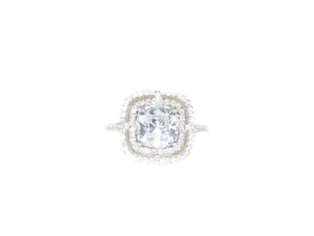 Sterling Silver Cushion CZ Double Halo Engagement Ring on Sale