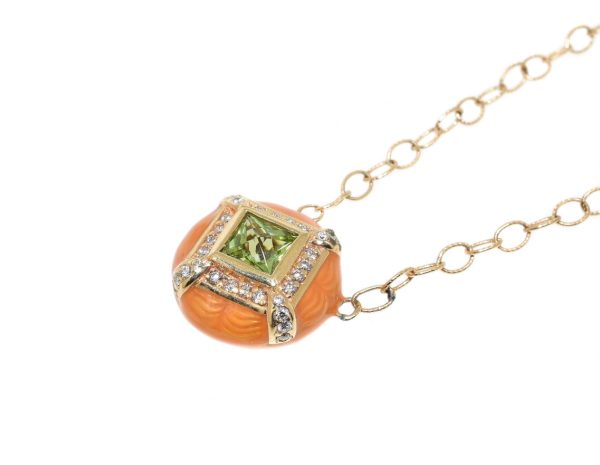 14kt Yellow Gold Peridot & Diamond Orange Enamel Pendant Online now