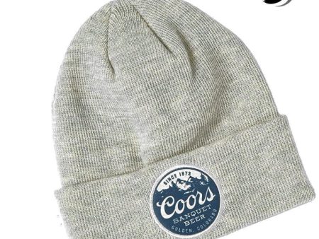 COORS BANQUET Flat Knit Heathered Woven Logo Patch Cuffed Beanie Oatmeal Supply