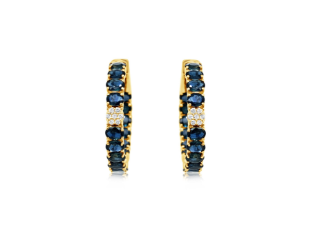 14K Diamond and Oval Blue Sapphire Hoop Earrings on Sale