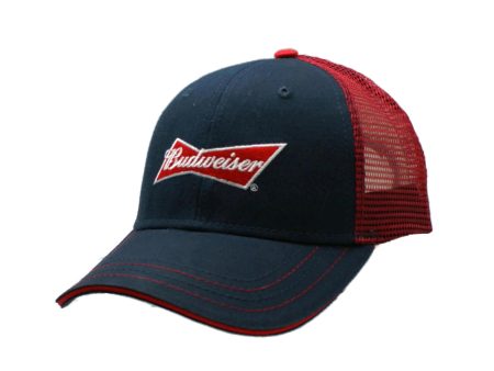 Budweiser Bowtie Logo Mesh Back Cotton Twill Snapback Hat Blue & Red Online Hot Sale